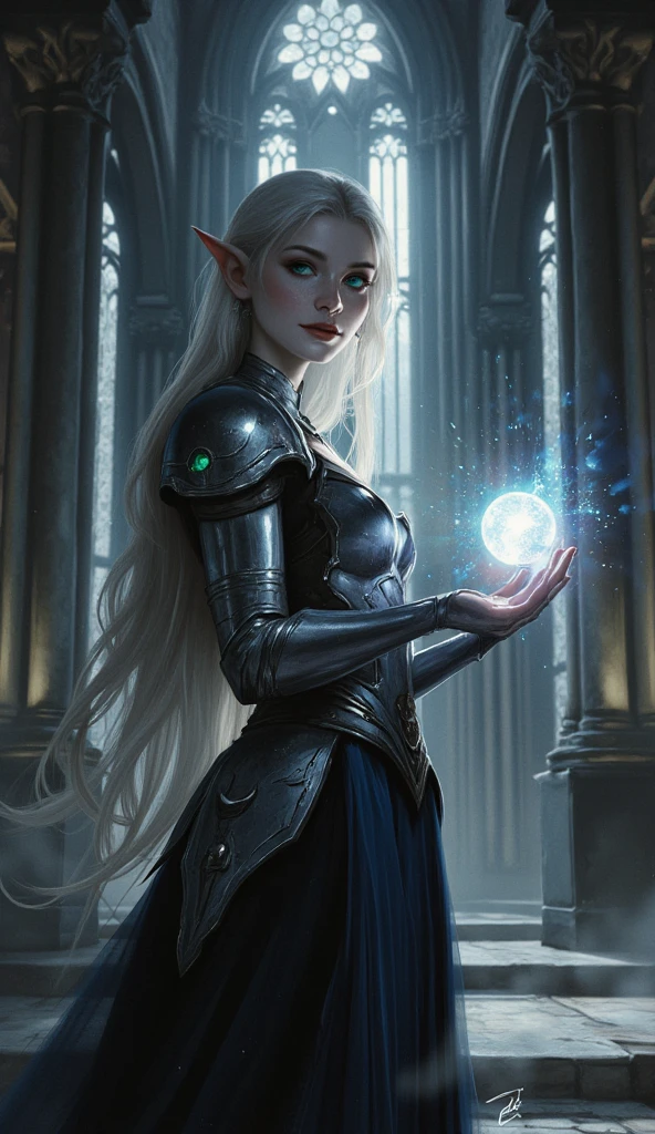 Best quality, masterpiece, 8k, 4k, ultra-detailed, cinematic, HDR, RAW look, macro detail, premium quality, ultra-high resolution, volumetric lighting, ray-traced. High-fantasy RPG concept-art style with dramatic composition, sharp clarity, rich textures, and epic contrast. Palette of muted greys, deep blues, silvers, accented by emerald greens and a light-blue magical glow. Enhanced with subtle auras, glows, and drifting particles. Portrait of a young light-skinned female elf (20–22) standing in a dimly lit gothic cathedral. Delicate pale features, slightly downturned lips, large emerald-green eyes, and subtle pointed ears. Long platinum-blonde hair cascades down her back. She wears dark sapphire-blue and silver armor embossed with moon and star motifs—layered plates forming a fitted bodice and flowing skirt-like lower section, with a polished, ethereal sheen. In her right hand she cradles a glowing light-blue orb of energy that illuminates her face and armor. Wide shot, slightly low angle, 35 mm lens, shallow depth of field focusing on the elf. Background of tall arched dark-grey stone pillars shrouded in shadow; soft diffused ambient light from unseen sources bathes the scene in muted greys, deep blues, and silvers. Mood: calm, contemplative, quietly mysterious. Realistic rendering with a touch of fantasy.