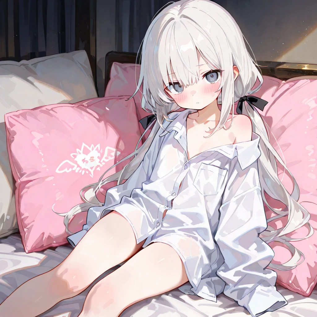 White Hair Girl、Pink Eyes、Short Hair、Only one girl、Night、In the bedroom、Blushing、laughing、Excited