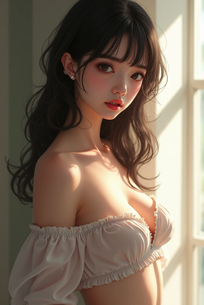 (masterpiece), (Best image quality), 8K resolution, Supermodel body type, (((realism))), 22 years old、 Small face, No makeup、Beautiful Face, Beautiful and beautiful eyes, Big Breasts、Silk dress、Sexy pose、One Woman