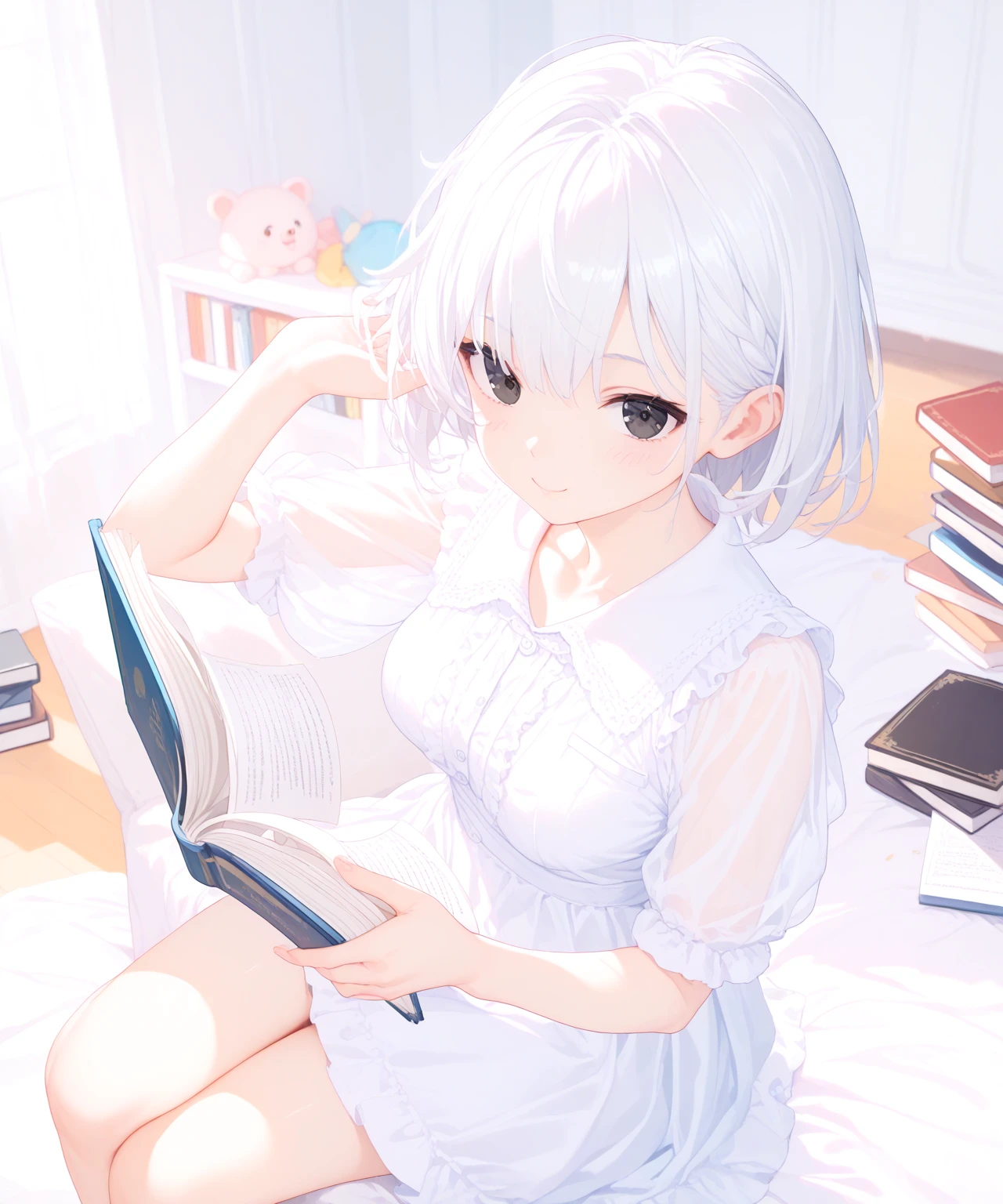 anime style, young adult woman, with one blue eye and one green eye, short white hair.
The woman is lying on the floor looking up..
Her legs are raised and resting on the wall., creating a horizontal angle with your body.
He is holding a book with both hands, which is reading in a relaxed manner.
The camera is positioned to the side,, allowing it to capture both your relaxed posture and the characteristics of the environment, including the wall where your legs are resting and the windows that let in natural light..