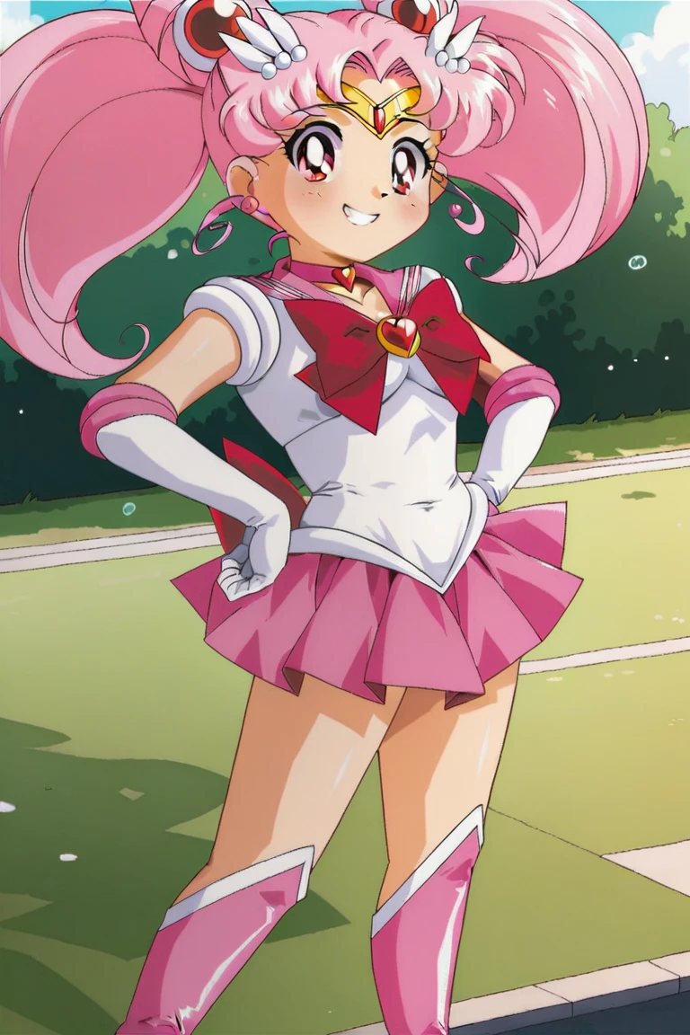obra maestra, Mejor calidad, absurdos, perfect anatomy, 1 girl, Solo, SMMoon, adolescente, 1990s \(Estilo\), Sailor Chibi Luna Cabello Rosa, pupilas rosadas ojos, subir las escaleras, de cerca, Sonrisa, tiro de vaquero, Uniforme Sailor Senshi Rosa, Collar marinero rosa, falda plisada rosa, guantes de codo, en postura de espalda, Show off your loot, backward, No hay tanga en un gran trasero, cuerpo completo, aausagi, de cerca booty (falda levantada por el viento, Exponiendo su) (cara de alto detalle)
