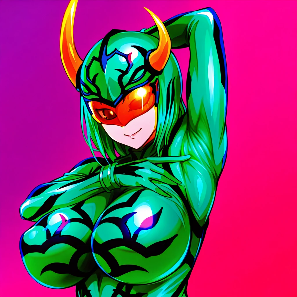 Cartoon photo of woman in green and red costume, hot insect humanoid woman, Guyver style, SFW version, red eye, scarab reploid, bellows tail, cel shade adult animation, alien queen, serpentine pose, --auto --s2