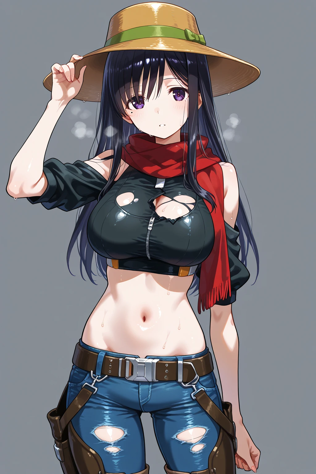 ((Masterpiece, high quality)), 1girl, dark purple hair, long twintails hair style, blue eyes, big breasts, thick thighs, black bra, black shorts, gun belt, holster, bandolier, red scarf, cowgirl hat, stockings, cleavage, navel, collarbone, at city, crowded, night time, seductive face, naughty look, smiling, wet body, sweating, holding pistol, NFSW, fully naked