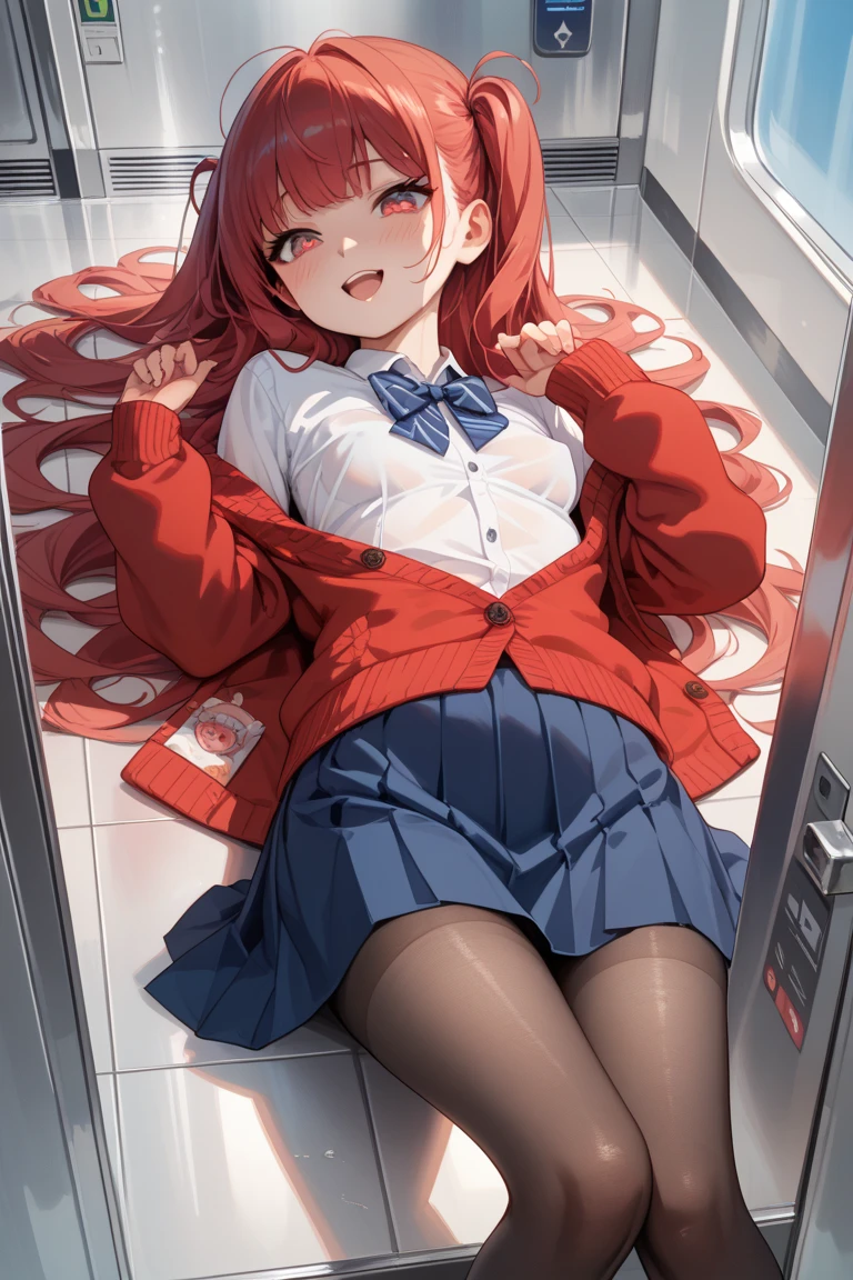 masterpiece, Highest quality, 8k wallpaper, Very detailed, A girl about 12 years old, (Golden Hair:1.1), Long Hair, fine grain、(Red Skirt)、 White dress shirt,(A single large red flower hair ornament:1.1),Light blue eyes、drunken eyes ,looking down、embarrassed,ceiling,Sitting in a chair、barefoot、footjob、Panties partially removed,Spread your legs