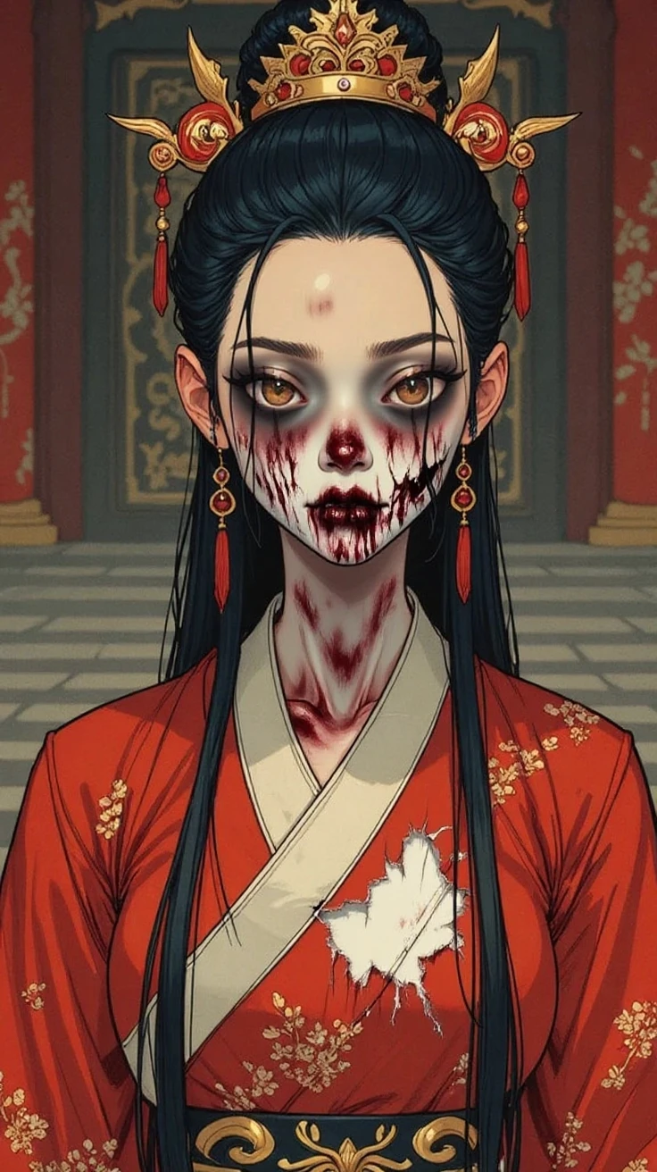 (illustration beautiful by apterus:1.2), creepy japanese kabuki performing on a theatre stage, traditional face paint, traditional japanese village, detailed background, creepy scenery, apterus creepy anatomy:0.7