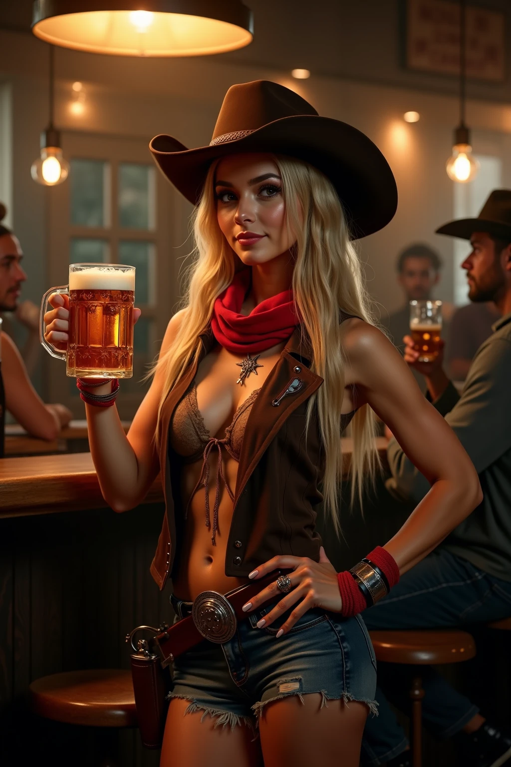 Arafed woman in a cowboy hat holding a beer in a bar, concept art by Aleksander Gine, cgsociety contest winner, Fantasyart, Karol behind uhd, oldwest, cyberpunk wild west, Devianart e CGSociety, beautiful digital art, stunning digital illustration, artegerm ; Motor irreal 3d, hyperrealistic d & d Fantasyart