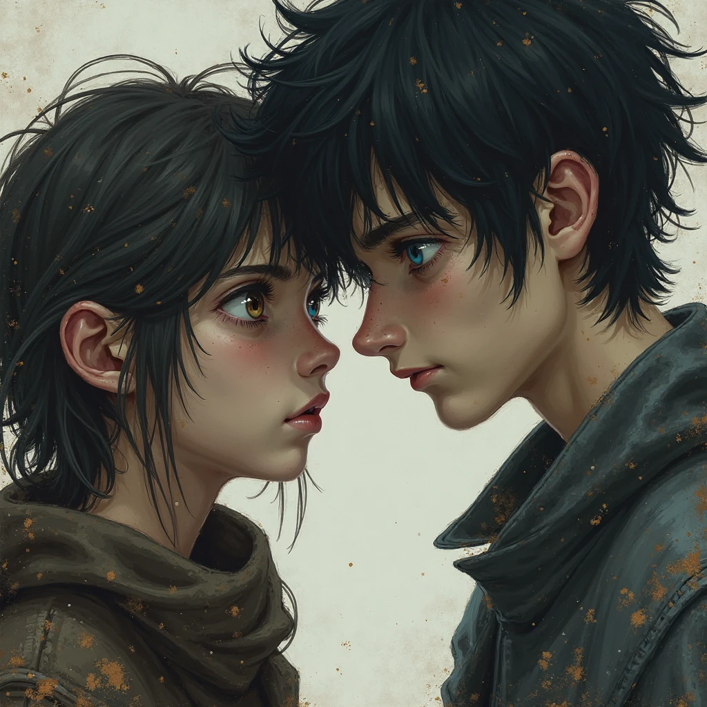 What would the image of two male best friends who love each other but have never had the courage to tell each other for fear of what everyone would think of them look like?, one of them likes the army and has long black hair and the other one likes magic and wears thin glasses and has black playboy style hair