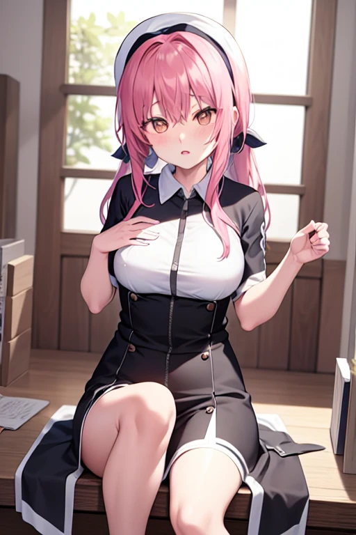 Solo, delicate face, long eyelashes, narrow eyes, (high ponytail: 1.3), (red eyes: 1.3), (pink hair and white mesh: 1.2), large cleavage, slim, tartan check, music room, angle from above, uniform, light blue and white lace underwear, sweat, sitting on a chair, legs open, sheer, crying, mouth wide open, tongue out, legs wide open, crotch, Spread up, skirt