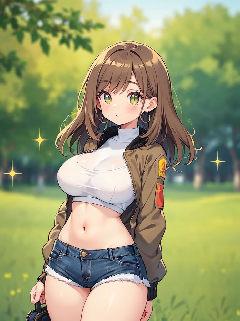 masterpiece, best quality, highres, hmanis, short hair, ahoge, hat, beret, hair ornament, cleavage, grey shirt, crop top, black jacket, open jacket, long sleeves, black shorts, short shorts, black thighhighs, knee pads, <lora:anis_(nikke)_v1:0.7>, cowboy shot, standing, smile, outdoors
