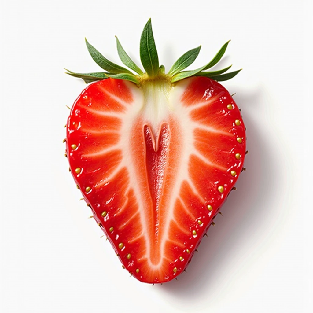 A hyperrealistic strawberry sliced in half, designed to subtly evoke the appearance of a female intimate area while maintaining respect and artistic integrity. The strawberry’s inner texture is detailed with tiny, natural bumps resembling delicate warts, blending seamlessly with the fruit’s surface. The emphasis is on creating a visual that is intriguing and thought-provoking, without crossing boundaries or appearing vulgar. The image should maintain a respectful tone, focusing on the natural beauty and complexity of the strawberry’s interior.