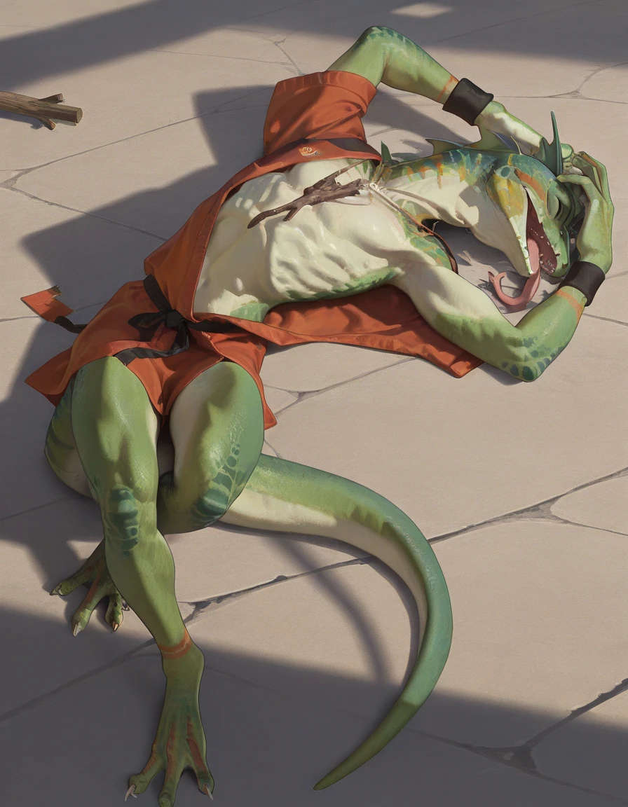 A muscle male green alligator, a muscle male green Lizardmen, sleeping with open eyes, showing his butt, detailed hands, detailed beauty face, ultra detailed eyes, ultra detailed fingers, aztec clothes and accesories, brief 