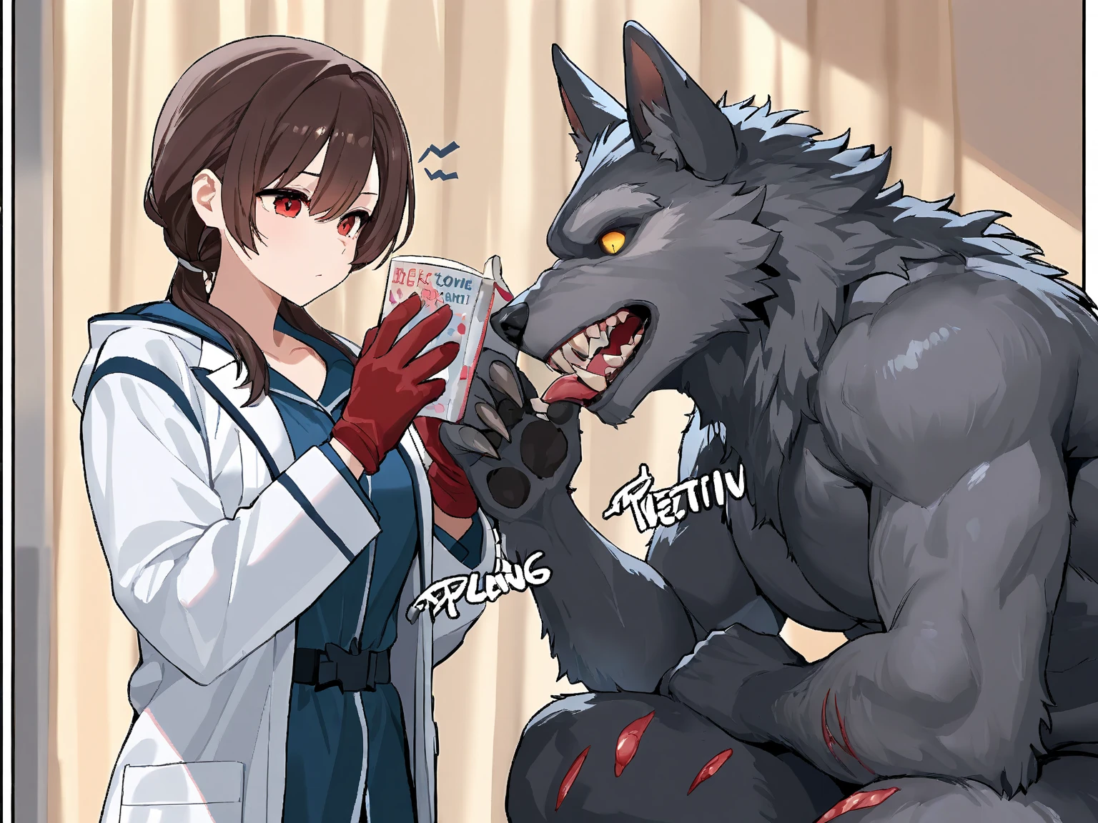 1 girl, makima (Chainsaw Man), necktie preta, black pants, Braid, rabo de cavalo Braiddo, breastsout, cloused mouth, collared, chemise de collared, tiro de cowboy, toenails, gi, hair over the shoulders, head tilt, hold the dog's collar, pull the leash, longye hair, long sleeves, lookin at viewer, necktie, extended arm, pants, Eyes red, Red hair, ringed eyes, chemise, sensual smile, solo, lighting sun, collared not used, chemise branca, in the office