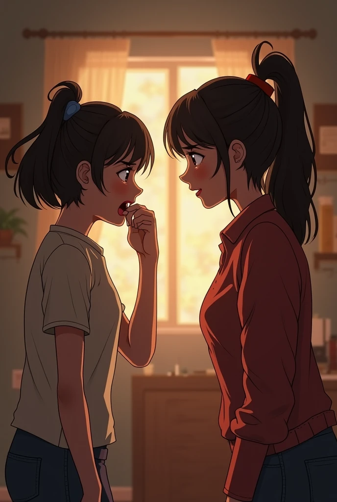 A girl wearing yellow sleeveless frock sitting inside a house and talking sarcastically with another girl of 15 years wearing white sleeveless frock and crockery are there in a table in front of them