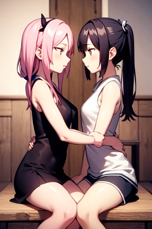 Two women having fun in the library、obscenity:1,2、Metamorphosis:1,2、Lesbian Mika:1,2、Touching each other's crotches、Kissing、incontinence、Momovelia Deviluk、Black tank top、Black Hot Pants、Pink shorthair、red blush、tre anatomically correct