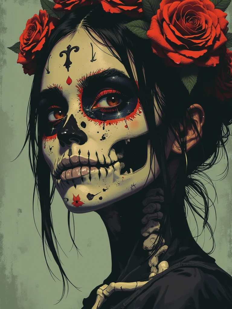 "(best quality,highres),ultra-detailed,realistic,professional,portraits,drama color scheme,woman,beautiful detailed eyes,beautiful detailed lips,extremely detailed eyes and face,dark hair,expressive facial expression,intense gaze,photographer,horror,poster,bold lines,hyper detailed" (highres,realistic) horror tattoo art, skull girl, detailed tattoos, dark and eerie ambiance, vibrant colors, intricate linework and shading, creepy atmosphere, gothic theme, haunted expression, macabre beauty, (sinister, haunting) eyes, (ominous, mysterious) background, (grim, foreboding) atmosphere, (sharp, jagged) teeth, (elegant, flowing) hair, (gruesome, intricate) skull, (sinister, haunting) flowers, (distressed, worn-out) textures, (ominous, flickering) candlelight, (bloodcurdling, chilling) details, (hauntingly, hauntingly) realistic, (unsettling, unsettling) shadows, (ghastly, haunting) apparitions, (macabre, dark) art style, (grim, eerie) aesthetic, (unsettling, bone-chilling) composition, (spooky, supernatural) elements, (dreadful, horrifying) visage, (frightening, spine-tingling) aura, (sinister, haunting) symbolism, (dark, gothic) undertones, (mysterious, haunting) expressions, (ominous, eerie) presence, (haunting, otherworldly) vibes.