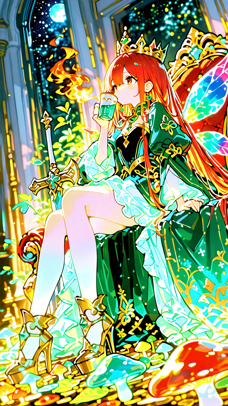 (masterpiece, best quality, ultra-detailed),
a grand gathering of anthropomorphic ant royalty in a sunlit palace garden made of giant, bioluminescent mushrooms and crystals.
In the center, a majestic (queen ant) sitting on a throne of amber, wearing an elegant, flowing gown made of iridescent beetle wings, her abdomen is large and regal, adorned with gold filigree.
Surrounding her are:
a fierce (fire ant) duchess with fiery red hair, wearing sharp, angular plate armor styled like a formal dress.
A slender and graceful (weaver ant) lady-in-waiting, her dress is woven from giant green leaves and silk.
A sturdy and stoic (leafcutter ant) royal guard, carrying a massive piece of sharpened jade like a halberd.
A tiny, mischievous (sugar ant) princess, trying to sneak a giant dewdrop-crystal of sugar.
They are all engaged in a sophisticated tea party, drinking nectar from tiny acorn cups.
macro photography perspective, intricate details, soft, magical lighting, depth of field,