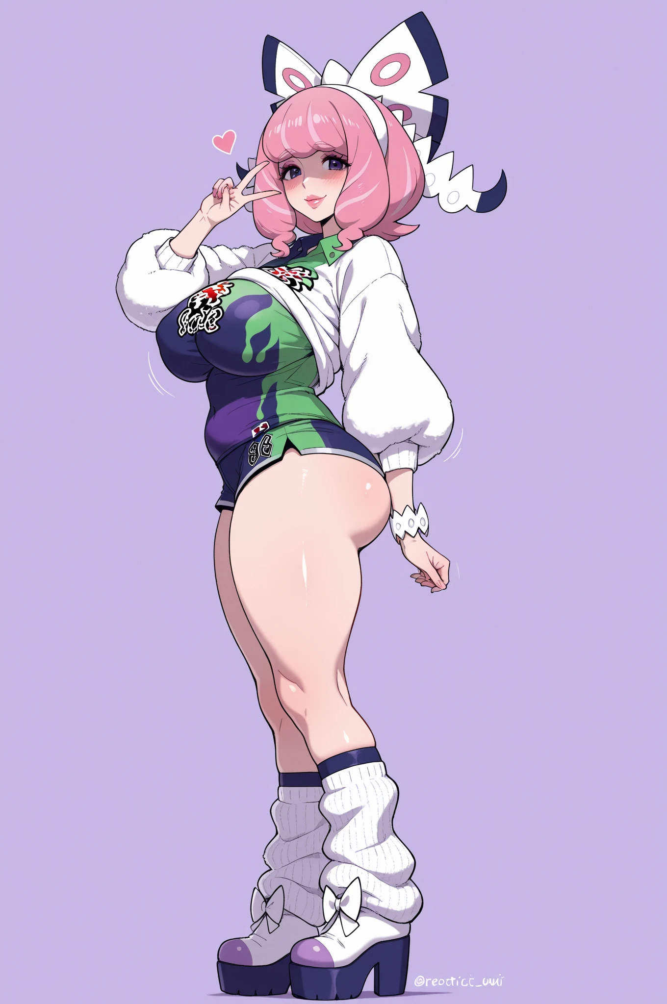 Fraction_9，Fraction_8_Direction_7_Direction_6_Direction_5_Direction_4_up，Green short hair，Green Eyes，Bow tied at the back of the head，Purple and sailor collar，Striped sailor suit，Blue pleated skirt，White socks，leather shoes，Bean Eyebrows，Wide hips，Thick thighs，Huge breasts，Huge ass，There is a bow at the back of the hair，Hair between the eyes，Sexy
