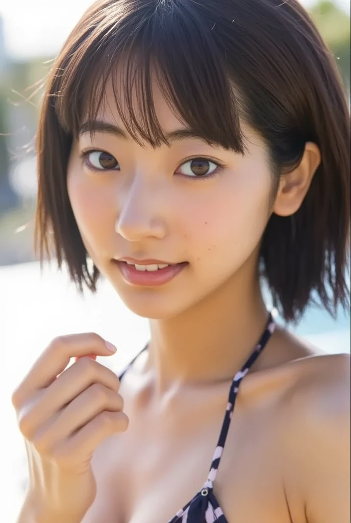 (top-quality、8K、32K、masterpiece、nffsw:1.2)、Photo of a cute Japanese woman、Colossal tits、very short bobbed hair、The upper part of the body、sface focus、<Lola:low high definition skin、Skin pores、cloudiness、8K AJC AJC、Digital SLR、Soft lighting、hightquality、film grains、FujifilmXT3、Armpit,