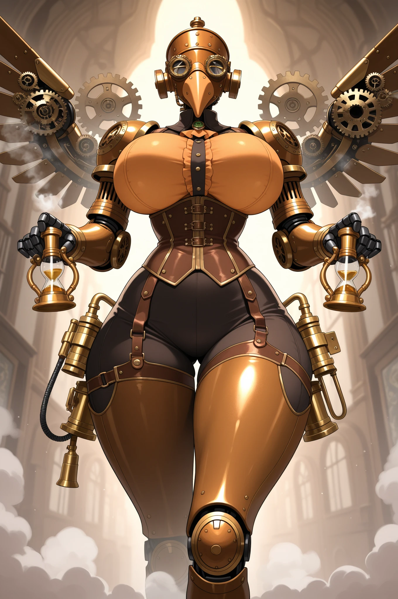 masterpiece, best quality, full body, 1solo full body female uniform, hands on hips full body, whole body. long sleeves, from above far shot, showing ass, black background, golden armor, black collar, pauldrons, breastplate, corset