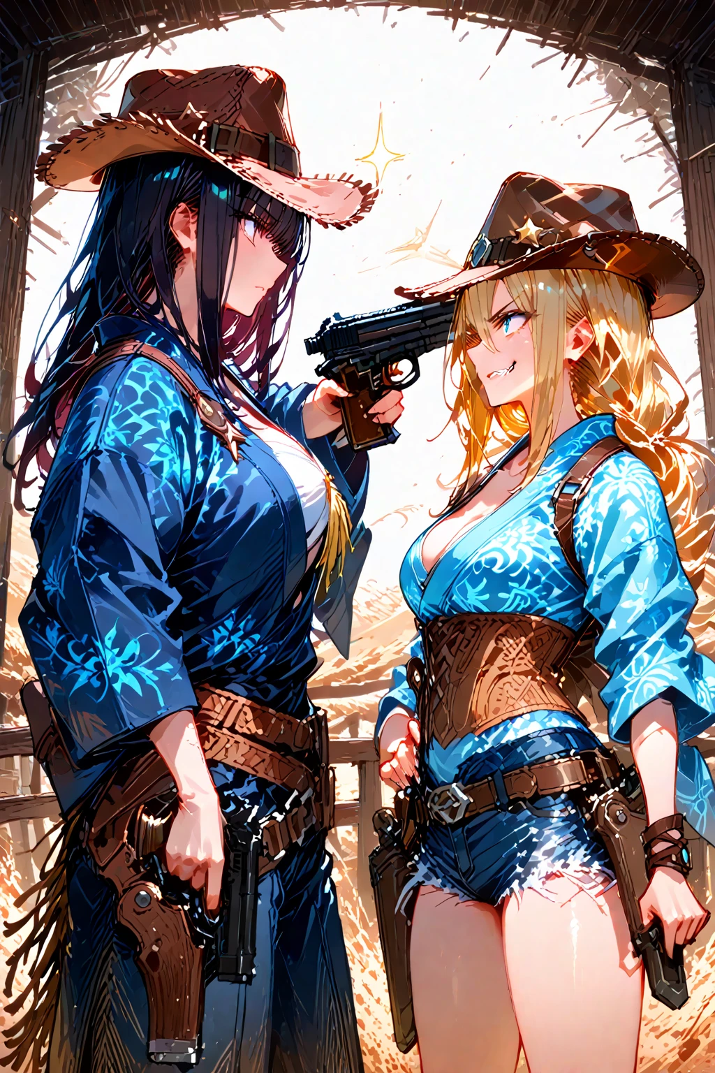 Highest quality, 16K, Unbelievably absurd, Very detailed, 2.5D, delicate and dynamic, , formal, Monument Valley, vast ranch, Sunset, sunset, Old Town, Wagon, duel, Small face, Very delicate look, Delicate eye depiction, Upper body close-up, erotic, Sexy Woman, Cool woman, Long black wavy hair, Healthy body shape, 25-year-old woman, Cool woman, height: 170cm, huge firm bouncing busts, western cow girl, Dual pistols, Vibrant, Cowboy hat, Worn leather jacket, Jeans short pants, Leather cowboy boots, duelに挑む
