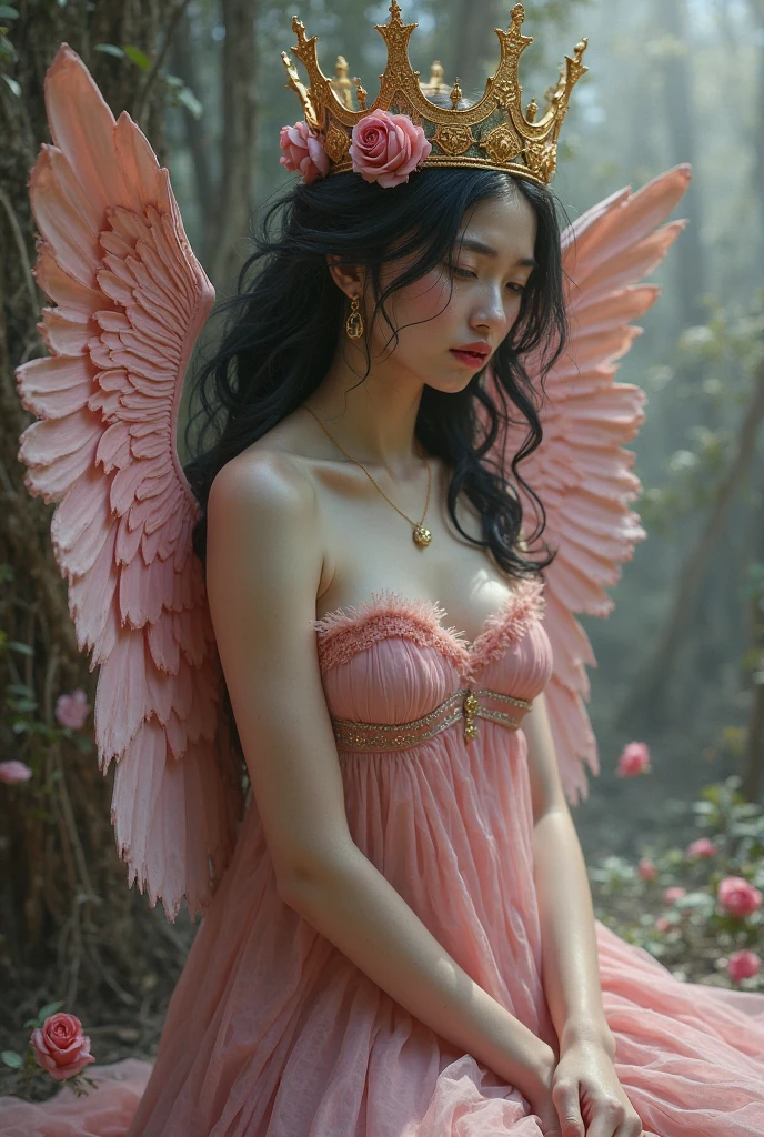 (Best quality,A high resolution),Sexy woman,Sexy lace clothing,Open V-neckline,Bright red peony flowers bloom,Subtly reveal the texture and complexity of the petals,A pair of glowing angel wings, Fire red high heels, cinema shot, A playful twist, centered composition