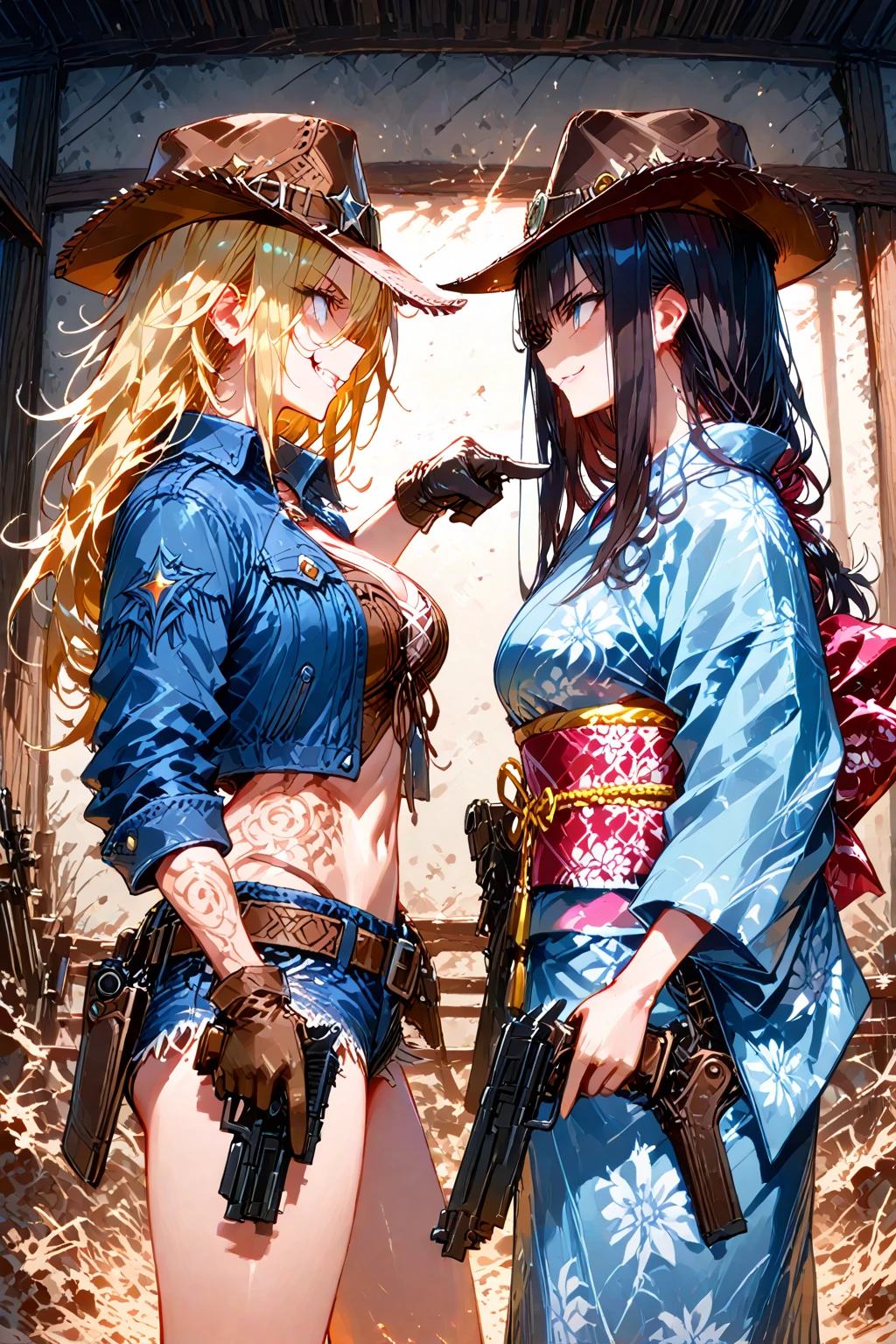 2 girls, (several girls), Princess Peach, Rosalina (a character who made her debut in the game Super Mario Galaxy. Appears for the first time in Galaxy Portal), are two girls and are highly detailed, beautiful faces, detailed eyes, perfect anatomy , detailed lips, wears a cowboy hat, with fringes, vest with a sheriff's star, defined waist, without the bottom part, wearing black and sensual lace panties, belly exposed, scarf around both of their necks, big breasts, they are at the beginning of a Wild West town in the background, with a sunset set in the background with few clouds in the sky in a Wild West sunset