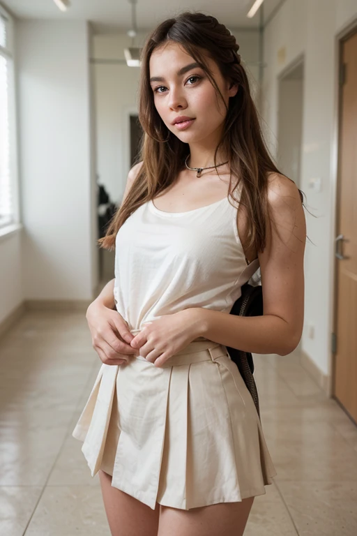 Photo of a 20 year old brunette woman. face facing the camera. ((The body is visible all the way up to the thighs)). (front look. Real life big mom. Stand straight facing the camera), head straight. looking at the camera. (full visible up to your thighs). que tiene una cara muy natural, labios finos, Ojos delgados, cejas finas, nariz delgada, Pendientes, long eyeslashes. (t-shirt and skirt). (very long hair down to the thighs). Perfect breast. Ponytail.