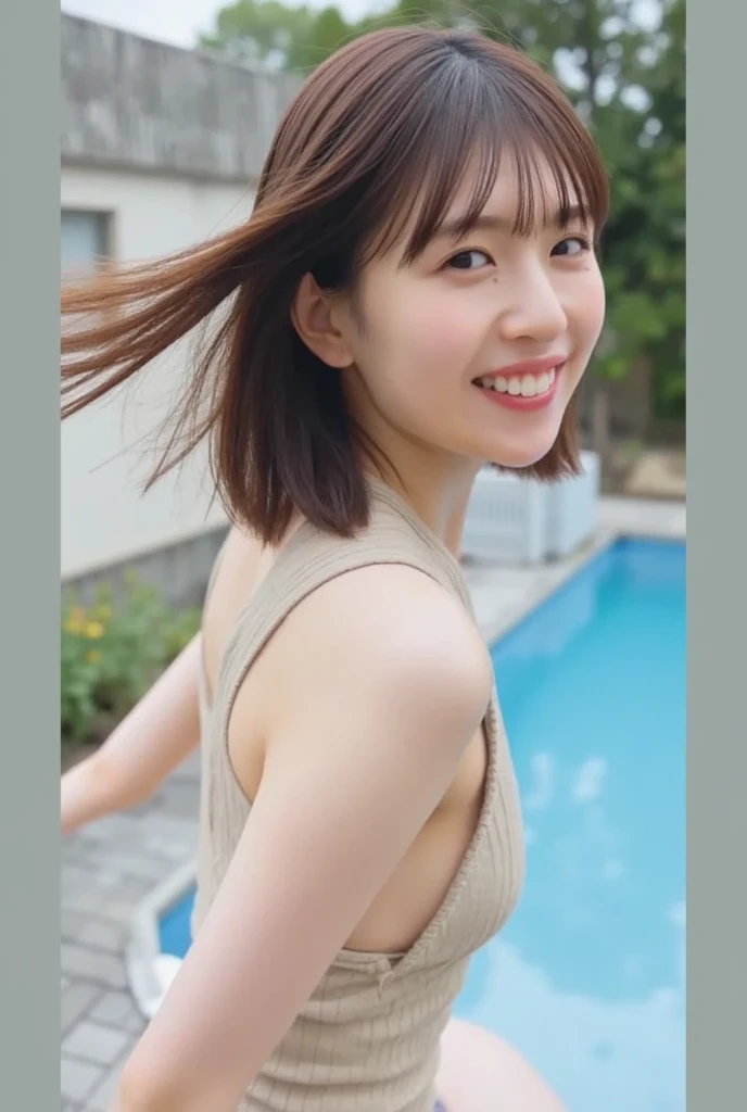 nsfw:3, upper body , portrait of slender nude 1girl <lora:Maeju:1>, split bang, updo hair, topless:2.5, slip nipple, spin:0.2,  sports bra, jogging:2, taipei city, sunny day, wide angle, close up