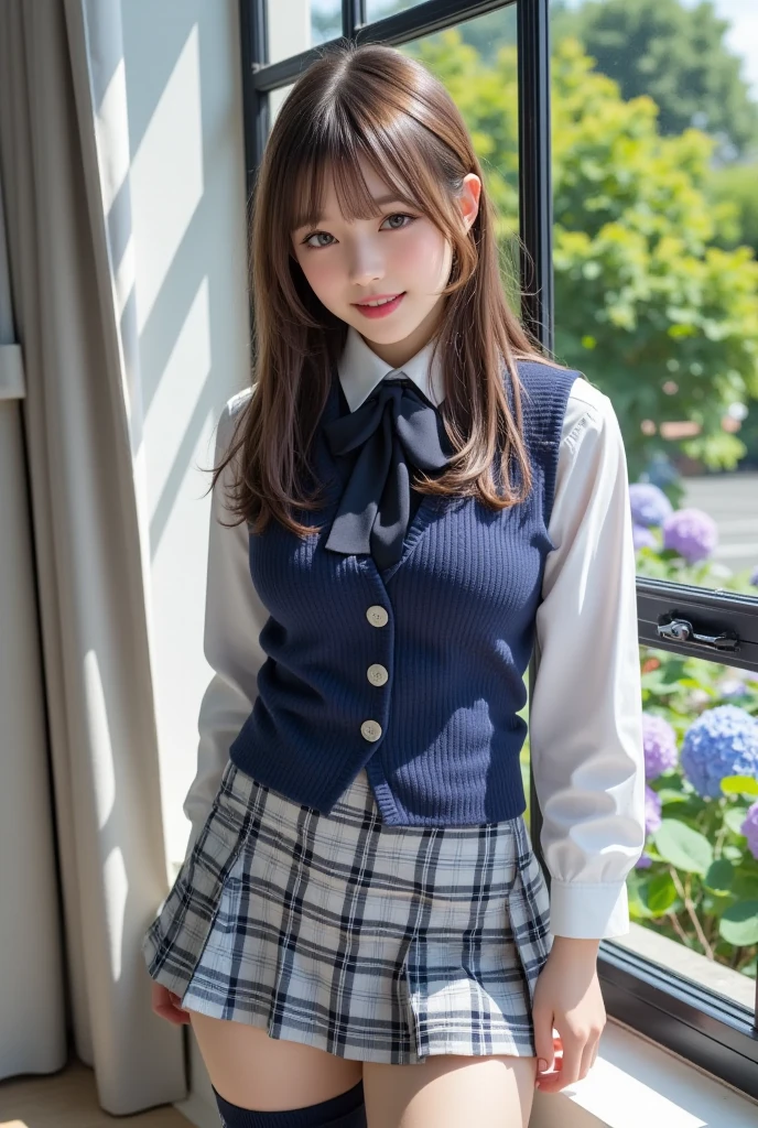 a closeup, ​masterpiece, top-quality, FULL ???????、Raw foto, Photorealsitic、(Cute little face:1.7)、(Very cute smile:1.7)、(with round face:1.9)、(She looks like an idol and is cute:1.7), (A dark-haired)、(cute school uniform:1.7), depth of fields, hight resolution, ultra-detailliert, finely detail, ighly detailed, extremely detailed eye and face, Realistic pupils, foco nítido, Cinematic lighting、18-year-old woman、(One lady、Only one person、独奏、without background:1.8)、 (poneyTail、curlyhair:1.4)、Very detailed 8k wallpaper、Show me your whole body、Looking at the camera、(Too short plaid pleated skirt、I can see the white panties、Plump panties、Lift the hem of the skirt with both hands、Showing her panties to the camera:1.7）、(Brown Long Boots:1.6)、Angle from below、(Thigh close-up:1.8)、(Nice figure、??????????? thin waist)、(Clothes with emphasized ????? bulge、Colossal ????:1.8)、Background depth of field