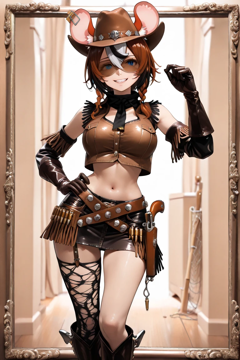 HDR,UHD,8K, masterpiece, Highly detailed, Professional, 1girl, eyepatch, solo, breasts, pirate_hat, red_hair, hat, pirate, large_breasts, red_eyes, cleavage, earrings, thighhighs, jewelry, belt, pointy_ears, gloves, navel, long_hair, garter_straps, looking_at_viewer, ponytail, choker, shorts, black_thighhighs, lips, black_gloves