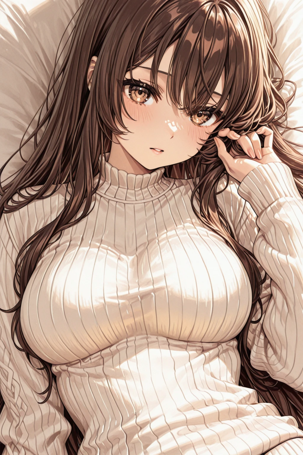 (table top, highest quality, High resolution, , perfect pixel, 4k,), 1 girl, single, alone, Beautiful woman、I could see the whole body、 ((wavy middle hair, bangs, brown hair)), ((brown eyes, beautiful eyelashes, realistic eyes)), ((detailed face, blush:1.2)), ((smooth texture:0.75, realistic texture:0.65, realistic:1.1, Anime CG style)), medium breasts, dynamic angle, perfect body, ((Pink lace panties are visible, beige off shoulder sweater、、black stockings、cute necklace、earrings、)), upper grade、shy smile、Luxury hotel room、sleep on your back in bed、((open legs))、angle from below、Put your arms together to accentuate your cleavage、、(())、