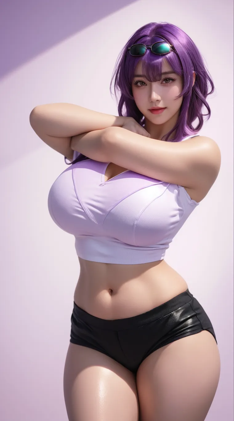 hot pink top, purple highlight hair, big breasts, micro bikini, complete body, standing elegant pose