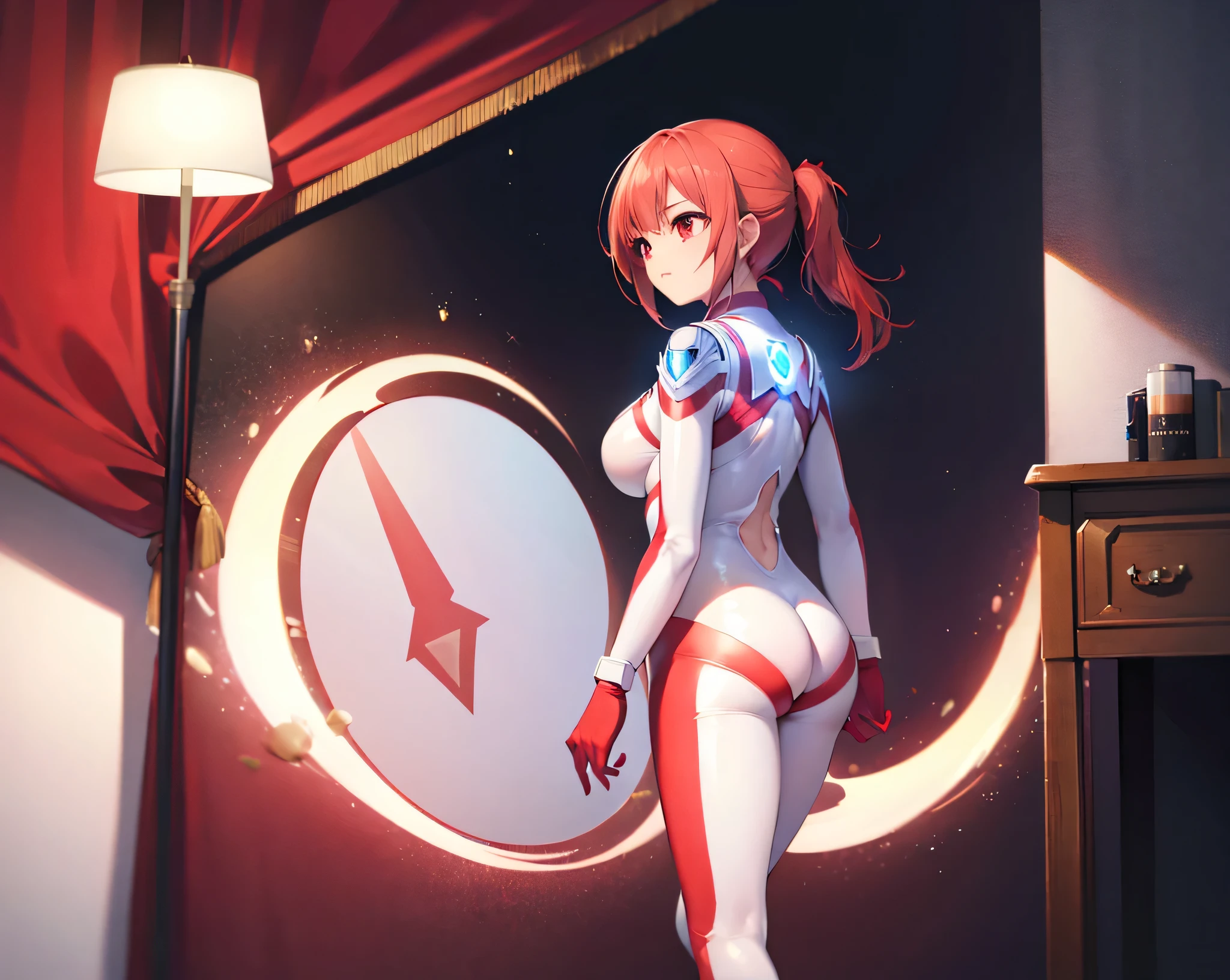 (Close-up:1.3),Realistic,Highest quality, Ultra Detail, High-quality CG rendering, The most delicate and beautiful, Floating softly, High resolution, (1 female), (Highest quality,4K,8k,masterpiece:1.2),(All red hair:1.5), (ponytail:1.5),(Red eyes:1.5), (Ultra Girl:1.0), (All red Ultraman bodysuit:1.5),(Do not expose your skin:1.5),(Slightly larger breasts:1.5),(Red gloves:1.3),(Red Shoes:1.3),(whole body:1.3),(smile:1.3),Small room,(Are standing:1.4),(Turn your back to your audience:1.4),Butt