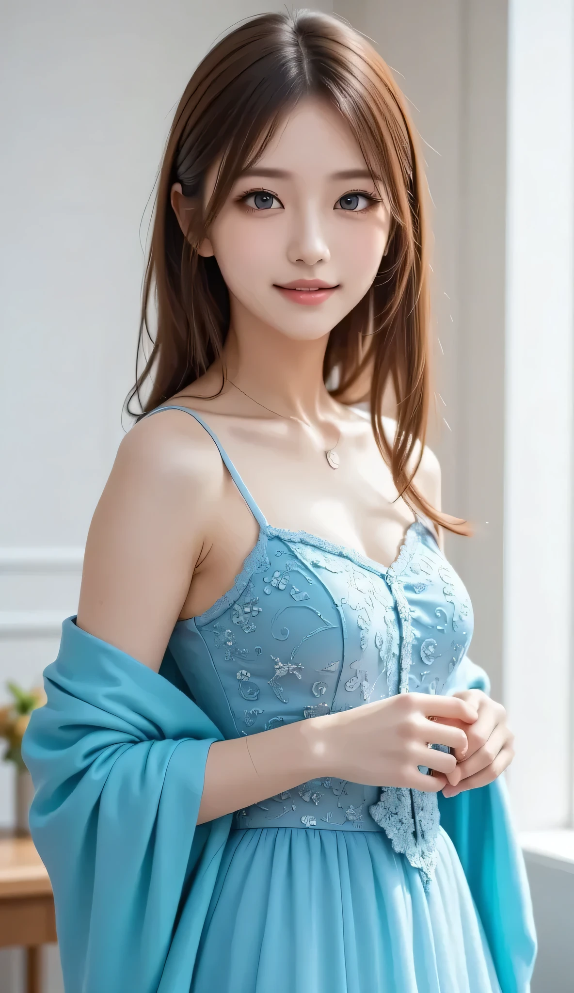 (The color of the clothes is light blue、Sexy in lace、See-through:1.2、The chest is wide open)、The background is also light blue.、Large Breasts:0.4、Japanese、22 years old、Her hair is light brown.