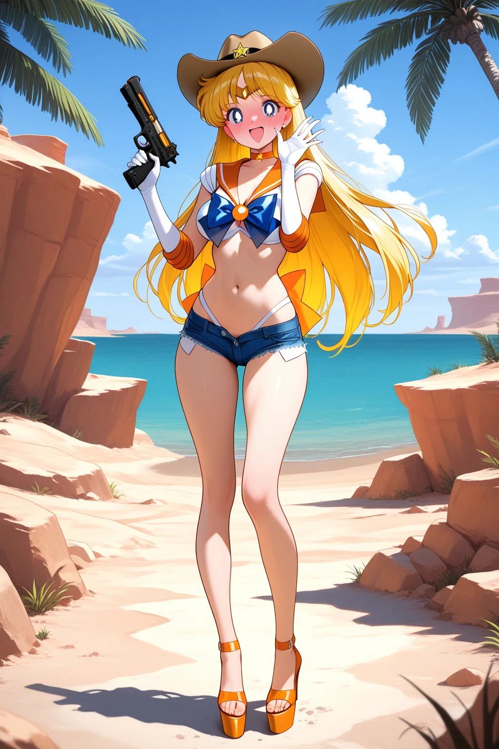 Perfect Anatomy　Highest quality,Highest Resolution,(((Orange Bikini　Thigh-high boots)))　Metal Max 2:Reloaded　Mishka　Blonde　long hair　Blue Eyes　D Cup　20-year-old　athletic　Warrior　cool　Rocket Launcher