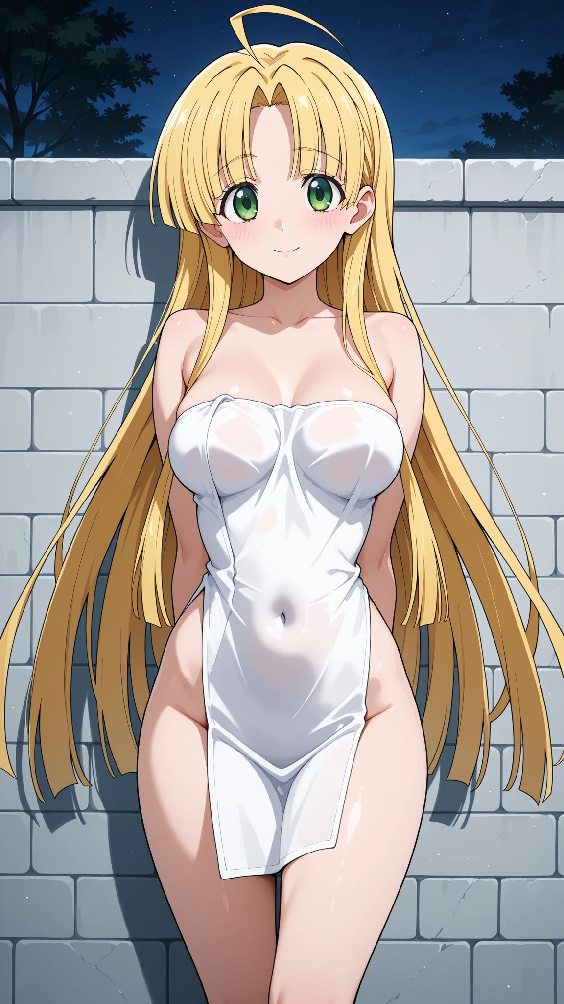 ((masterpiece,best quality anime,Highest quality:1.3)),realistic,cowboy shot,1woman,solo,(2 beauty),((very small head:1.4)),((very long body:1.4)),blonde brown hair,straight long hair,gorgeous big eyes,Blue eyes,((tan skin:1.3)),((slender body:1.4,skinny)),(light green色のレオタード、clavicle、shoulder), ((white_thighhighs)),medium breasts,gleaming skin,shiny skin,oily skin:1.3,sweat,Concrete wall、basement,Jail、