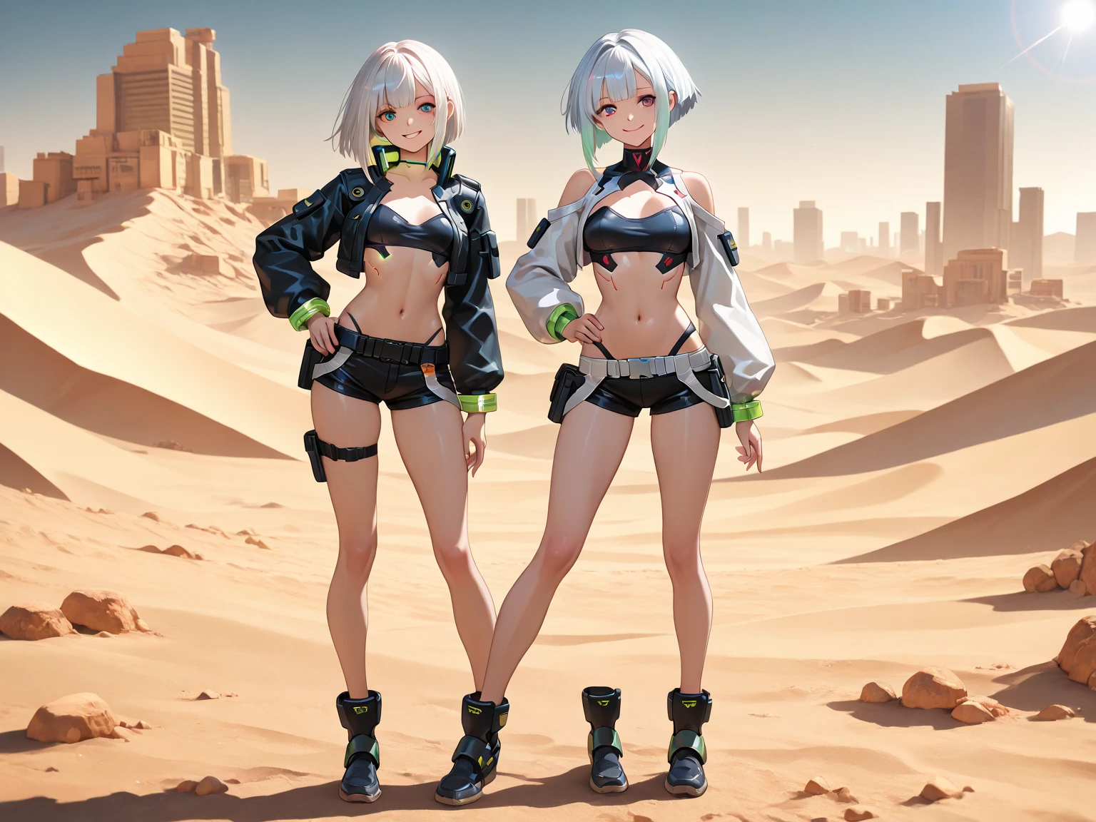 White short-haired, dark-skinned, flat-chested girl,White forehead protector,veil,Red and white sports top,thin waist,Bare waist,Tattoo,Black briefs,Bare arms,Bare Legs,Standing,desert