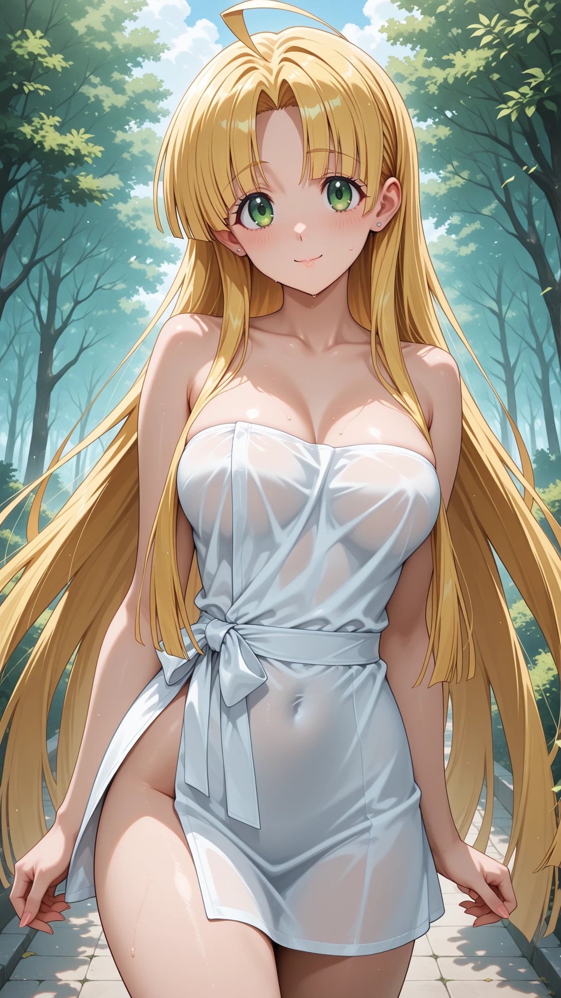 (1_girl:1.5), (14 years old:1.5), (smile:1.5), (closed your mouth:1.5), (stand:1.8), (pretty:1.8), (very long hair:1.5), (golden hair:1.5), (blue eyes:1.5), (medium_breasts:1.5), (white swimsuit:1.8), (cowboy shot:1.0), (from front:1.5), (Elf Ears:1.0), (Mysterious Forest:1.5), (Mysterious Lake:1.5), ((32K)), ((best quality)), ((ultra high res)), ((HDR)), ((uhd)), ((extremely detailed CG)), ((unity 32K wallpaper)), ((perfect anatomy)), ((illustration)), ((traditional media)), 