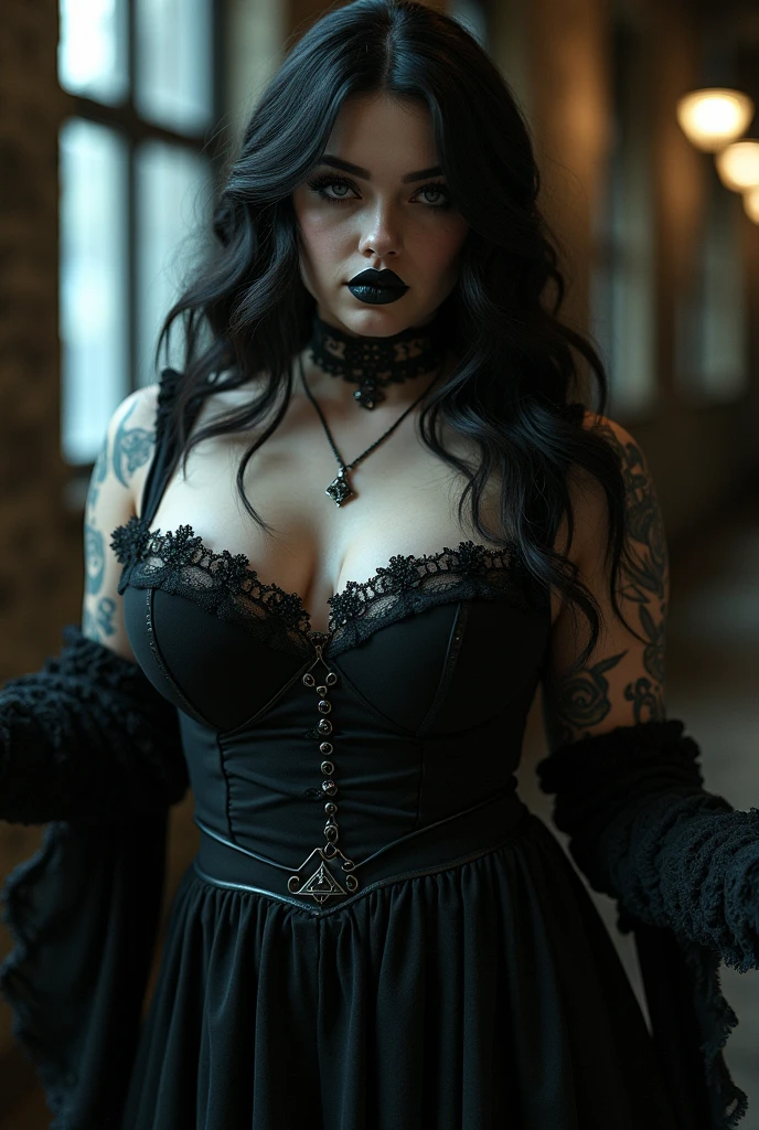Amy Lee, a 37-year-old woman with pale skin and a thick, curvaceous figure, dons a rocker outfit that hugs her body, accentuating her unique allure. Her brilliant blue eyes, enhanced by the gothic makeup that frames them, radiate an air of mystery and seduction. As she poses, her outfit reveals a hint of cleavage and her arms are crossed, drawing attention to her toned biceps. The gothic makeup, with its dark lipstick and heavy eyeliner, complements her edgy rocker aesthetic. Her expression is alluring and inviting, as if beckoning the viewer to join her in her dark,