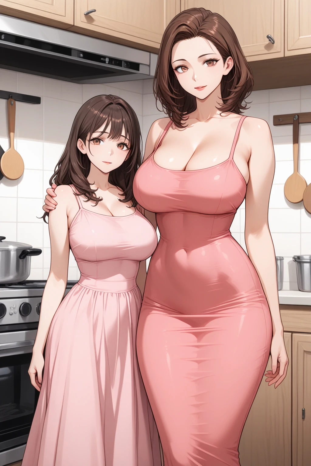 a mother who is extremely hot voluptuous sexy busty and is insanely and extremely sexy cute pretty beautiful pretty curvy with her extremely shiny bright glass SNOW white FAIR LUSH SILKY smooth soft lush plump glass glowing white skin and complexion and perfect round cleavage and her INSANE tight perfect hot hourglass figure, her wide soft hips, and her skinny lush soft plump arms and her big soft plump perfect round thick BIG ass with her extremely white bright SNOW FAIR LUSH plump round cleavage and her glowing fair shoulders along with her shiny long silky GOLD blonde LUSH hair with her extremely insanely god tier cute irresistible kind gentle look on her charming gorgeous stunning pretty face with her big shiny bright stunning blue eyes and her shiny black eyelashes and her two bright pink blushes and her bright RED puffy lips on her face and her pink shiny nails and her sexy thick luscious lush thighs and legs, she's the peak and epitome of a woman's elegance and feminine and her insane, impossible, and unimaginable levels of beauty the woman has, she has a smooth lush snow fair clean tender soft smooth neck and gold bangles on her wrist and gold anklets with small bells on her two feet and gold earrings on her lush fair white fair ears and a gold belt on waist, flowers on hair, eyes wide open, show full body, she's wearing a EXTREMELY revealing sexy long loose bright PINK floral DRESS with white flower patterns with strings AND HILTS with one of her sexy thick legs revealed, PERFECT LUSH SEXY BODY OF THE MOTHER, the woman wears her shiny yellow high heels along with a red ribbon and a piece of small jewellery ornament hanging on her hair bun with a golden jewellery necklace on, show full body, Standing.