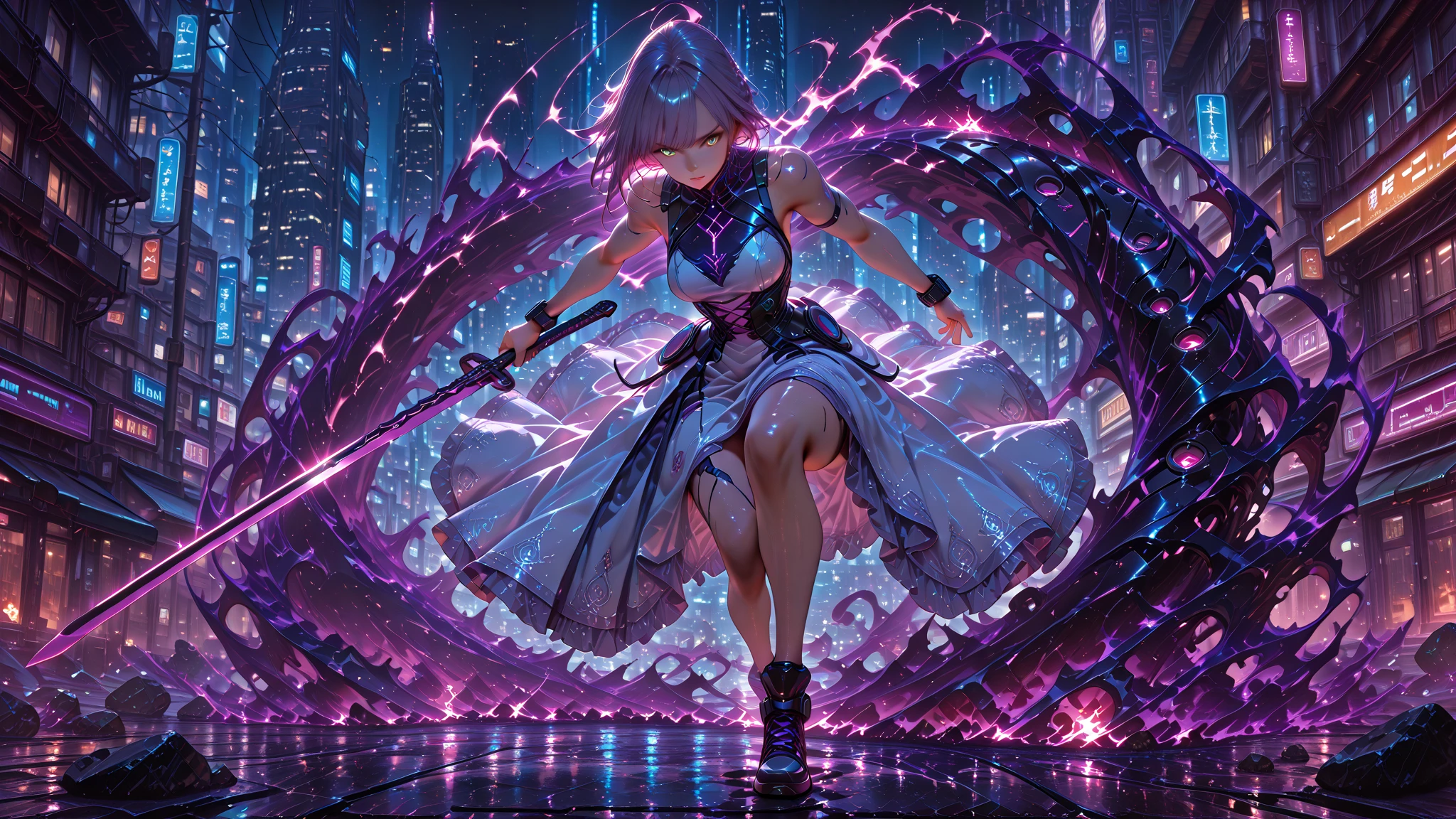 (8k, Realistic, RAW Photos, Highest quality, (from below:2), View your viewers: 1.3), (Fox Girl, Fox Ears, Silver Hair, One Girl, Long Hair, (Alone on the screen, dark skin), High definition:1.6), (Purple clothes, See-through Dress:1.8), (Body measurements are 99-55-77!, Nice body, Big Breasts, slender, muscle, (Stand with your legs apart, I can see the valley, bent over):1.9),(美しいface, Delicate drawing, It is written down in detail), Avatar, face, 色っぽいface, Dominant representation, naughty face, Uplifting, Skin Texture, outside, ruins, Ruined City, Broken Building, There are no people