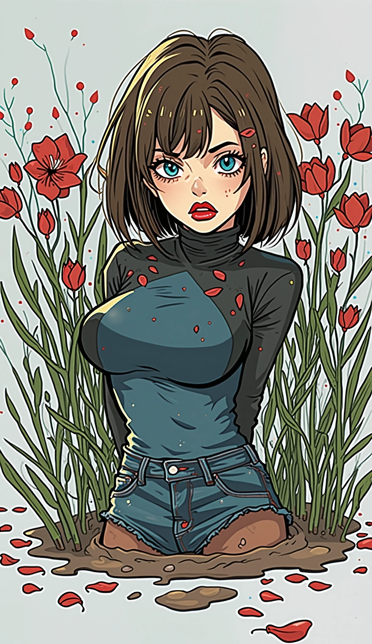90s Disney draw, photo long angle focus on her, shows Maxine Caulfield (Life Is Stranger), wearing a bodycon black dress, she is resting next to a tree, in a beautiful afternoon at a long field or multiple flowers, aesthetic, full body view