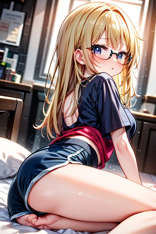 sekijou sawako, shibari, best quality, ultra-detailed, high resolution, extremely detailed cg, unity 8k wallpaper, masterpiece, perfect body, anime picture, femsub, sitting on bed, from behind, blush, embarrassed, black bra, frilled underwear, drooling, light brown hair, long hair, parted bangs, low twintails, brown eyes, black eye glasses, small breasts, cleavage, looking back, arms behind the back, Hands Down, wrists, tied, ropes, at night, closed mouth, light blue panty, gagged, duct tape, lenched fists, teary-eyed,