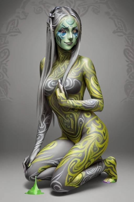 blonde model with body art sitting on a green cloth, inner glow, psychedelic organic cyborg, immense cosmic aura, inner illumination, mysterious inner glow, ultraviolet and neon colors, fresh rainbow bodypainting, full body painting, full body art, fullbody painting, professional body paint, glowing dark aura, dmt colors, intricate upper body, cyborg hindu godbody