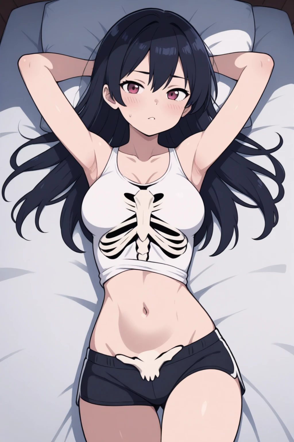 1girl, solo,standing_split,full body, (masterpiece, best quality:1.2), 1girl,  tifa lockhart, black hair, naked_shirt, Skeleton_print