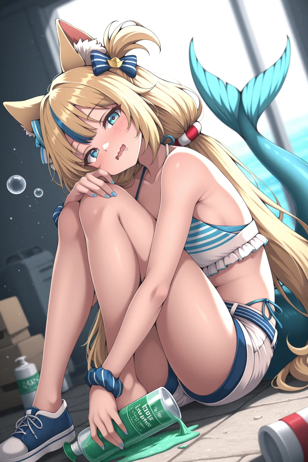 (masterpiece, best quality, detailed), 1girl, solo, looking at viewer, tamamo no mae, hair bow, fox ears, fox tail,
<lora:Sailor Moon Outfit-000012:0.9>, sailor moon outfit, water, partially submerged, from above, afloat, shallow water, lying, on back, arms behind head, parted lips