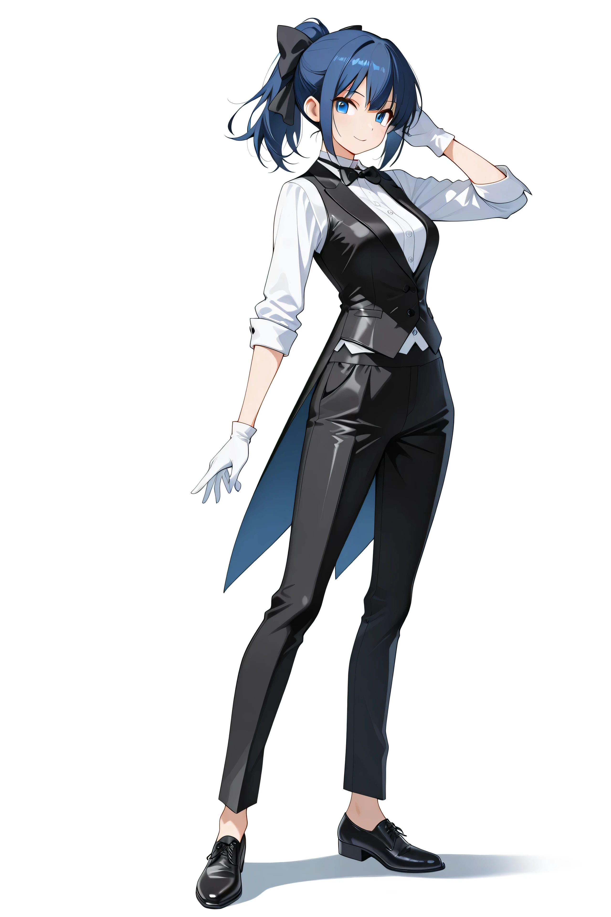a full-body illustration of a beautiful anime girl with blue hair in a ponytail and blue eyes, wearing a sharp, well-fitted classic black tuxedo with a vest, white dress shirt, and black bow tie, black trousers, black leather shoes, and white gloves, no accessories or jewelry, minimalistic and elegant design, standing in a confident dealer pose with one hand slightly extended, casino atmosphere implied but no background details, soft shadows, clean white background, ultra high detail, 4K, anime style --v 6 --style raw
