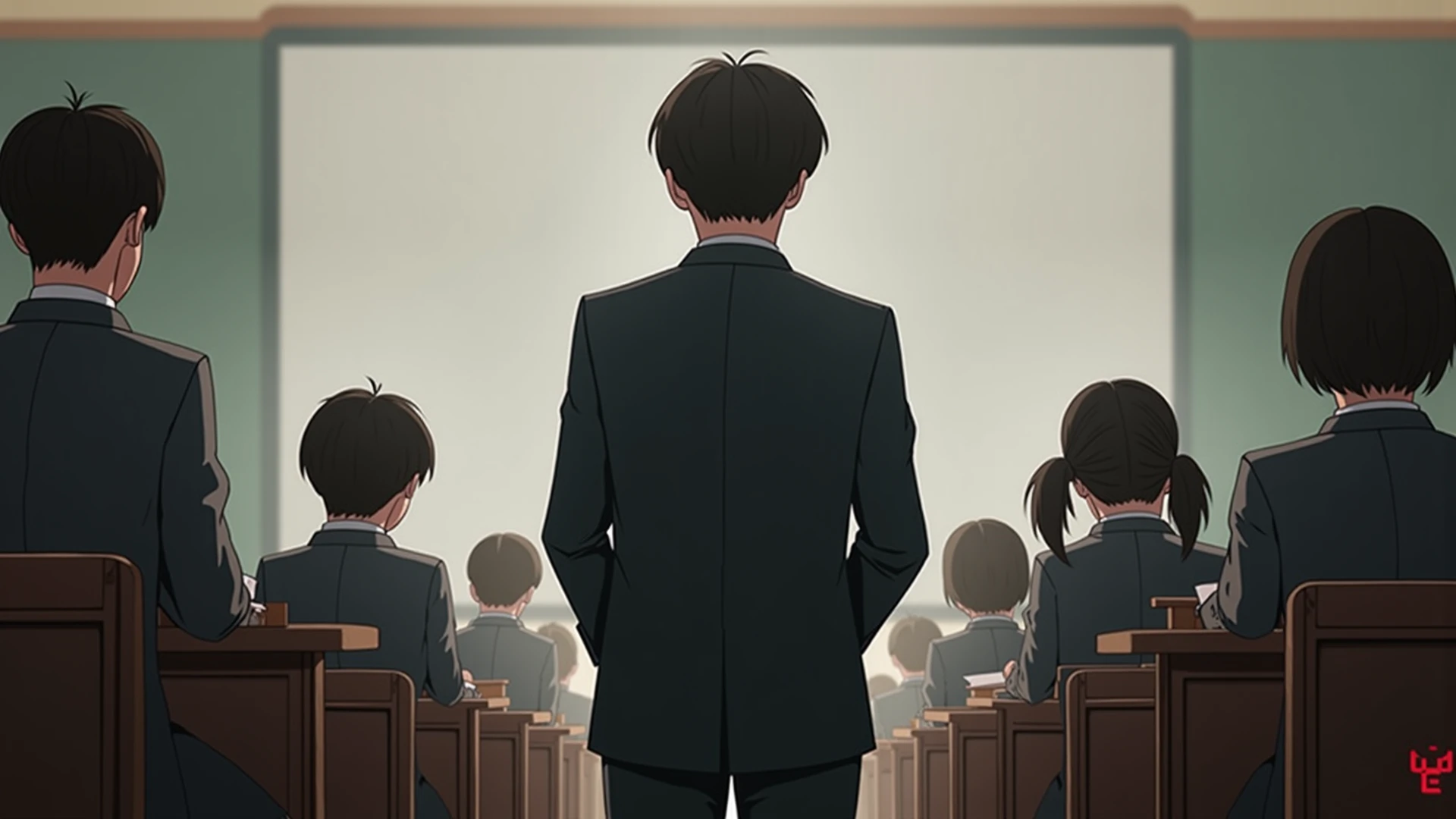 "Anime style scene of a university classroom during an exam. A stern-looking professor in their late 40s walks slowly between rows of students. The professor wears a long dark coat that billows slightly with each step, adding a dramatic flair. Their sharp, hawk-like eyes scan the room with intense focus, giving the impression that they can see right through the students’ thoughts. Their brows are furrowed, and their hands are clasped behind their back.
The classroom is filled with college-aged students seated at desks, writing intensely on their exam papers. They wear casual clothes — hoodies, t-shirts, and flannel shirts — no uniforms. Some have earbuds tucked away, some nervously biting their nails, but all trying to focus under pressure.
The room is lit with natural light streaming in through windows on one side, casting soft shadows. In the middle of the classroom, there’s a clearly empty seat — the only one not occupied — and the professor's gaze is fixed directly at it, as if making a mental note. The atmosphere is tense and silent, filled with the sound of scribbling pens and the occasional shifting of papers."