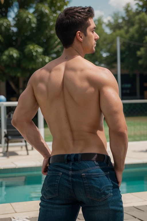 Kivanç Tatlitug, shirtless, big muscles, empinado, muy nalgon, hombros anchos, large pectorales, big biceps, edificios,  cuerpo completo, Barbas, Big Bubble butt, ultra realistic, blue white jeans backside 