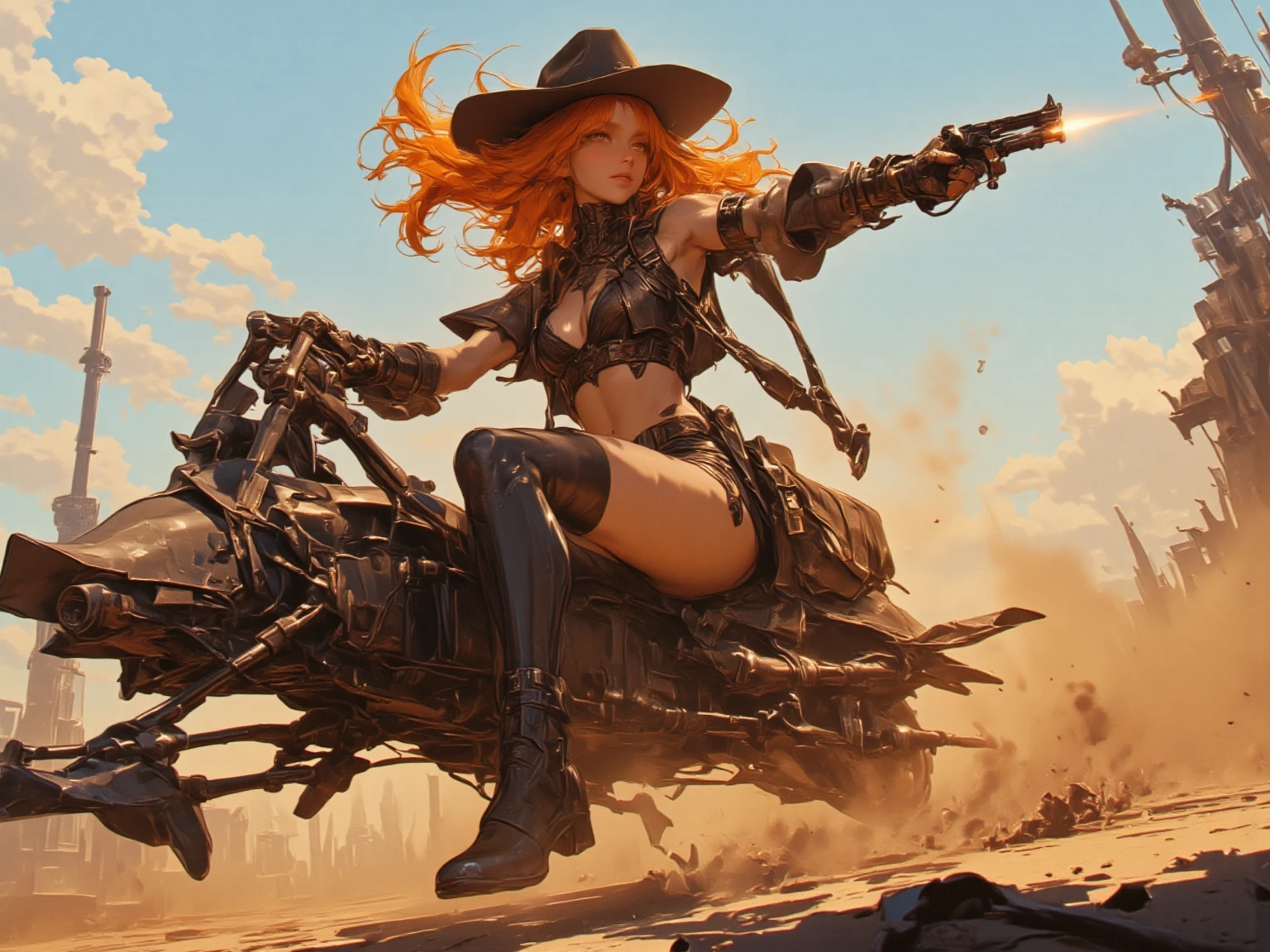 8K high resolution and sharp image. La imagen debe ser super original y compleja, con una variedad de colores hermosos y vibrantes.(Obra maestra, Mejor calidad),Incredibly beautiful young girlfriends running away through the streets, This illustration captures beautiful punk style radiant, flowing hair... vestida al estilo Mad Max, lleva un gorro de piloto de cuero adornado con intrincados adornos, una chaqueta de cuero rasgada que cubre su torso adornado con numerosos adornos y tachuelas de metal. Her outfit is completed with punk-inspired pants and combat boots...She poses dynamically and sensually.., her captivating expression, radiating an aura of confidence and challenge. The backdrop of this masterpiece is nothing short of epic.., showing a destructive apocalyptic explosions scene, 32k